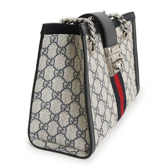 Gucci Padlock Web Stripe Chain Tote Bag GG Supreme Navy Blue - Picture 4 of 9